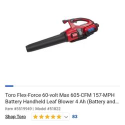 🆕️Toro Flex-Force 60-volt Max 605-CFM 157-MPH Battery Handheld Leaf Blower 4 Ah (Battery and Charger Included

