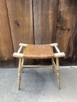 As-Is Vintage Sturdy Wood Vanity Stool with Woven Seat – TLC / Project Piece