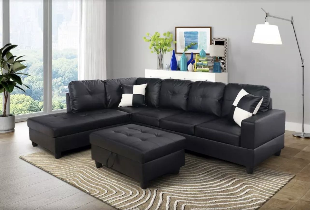 Modern Black Sectional Couch , Leather 