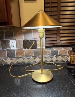 Vintage Brass Tone Table Lamp with Metal Cone Shade 3 Way Switch Mid Century Style
