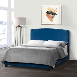 Ausca Navy Blue Velvety Fabric Queen Bed With Nail Head Trim 
