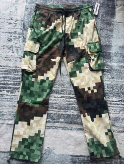 ORIGINALFABLES Men's Green Geometric Cargo Pants Elastic Waist Straight Leg L