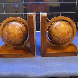 Vintage Pair Of Old World Globe Bookends In Solid Wood 