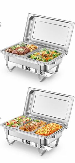 Chafing Dish Buffet Stainless Steel Chafers  2 Foldable Frames & 7 Pans (2 Full/2 Half/3 Small), Buffet Warmer for Home Gatherings Parties Church Even