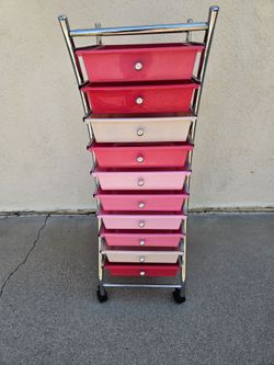 10 drawer multi-colored (pink) rolling cart