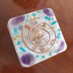 Amethyst quartz blue apatite gemstone copper orgonite orgone blocking tile new