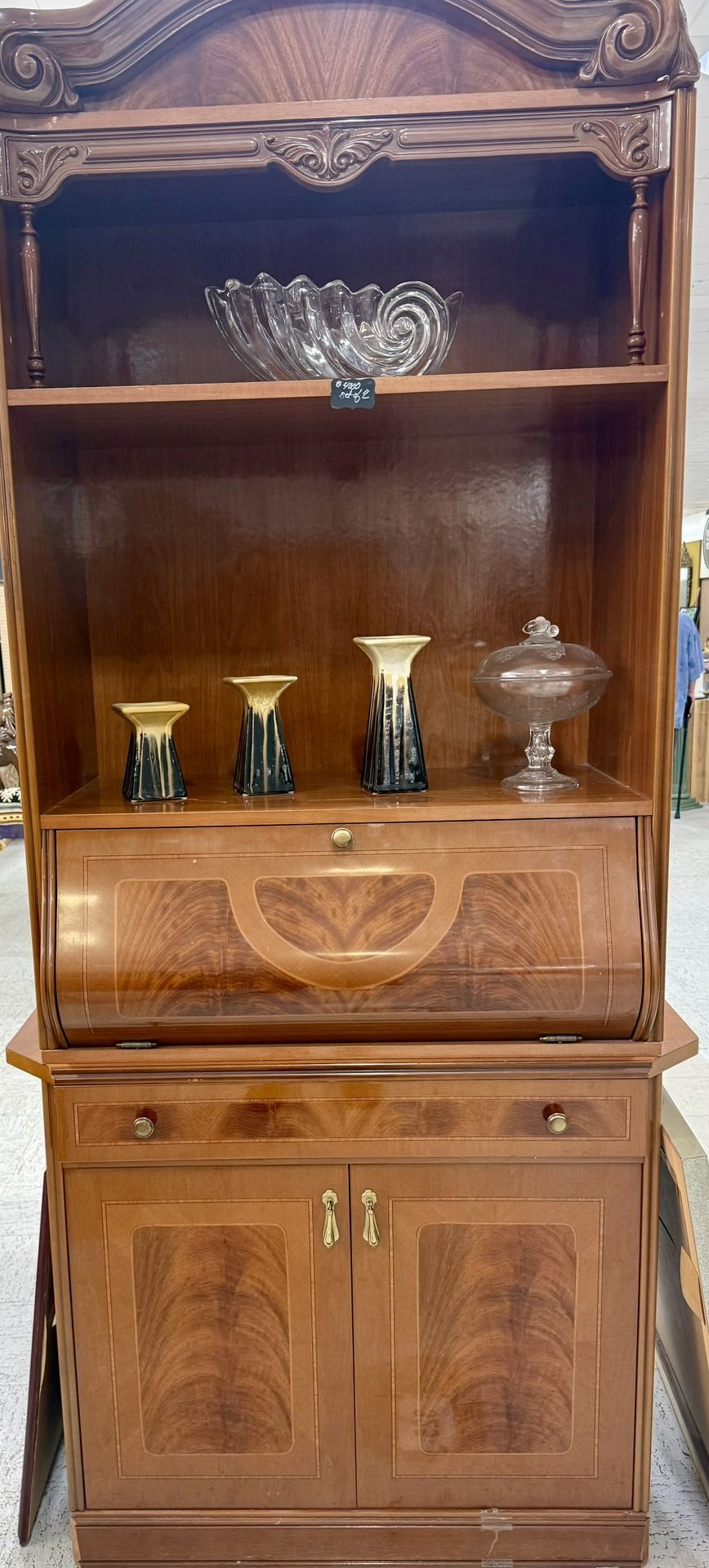 Vintage European Secretary Desk| Glossy Walnut & Mahogany Finished Hutch | Gold Trim Glass Display