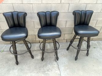 Set of 3 Vintage Shell-Back Swivel Bar Stools - Dark Wood & Black