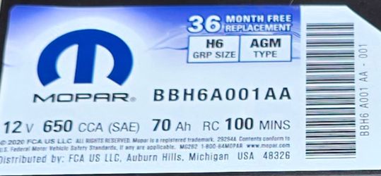 Mopar H6 AGM Car Battery 12V 650 CCA (Group 48) - Excellent Condition
