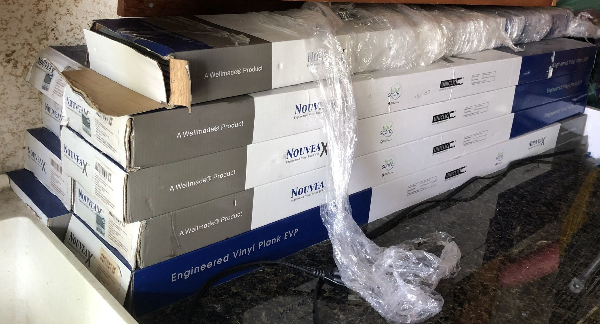 140 SF Luxury Engineered Vinyl Plank Flooring (New In Box) With Titanium Underlayment & 5” Baseboard