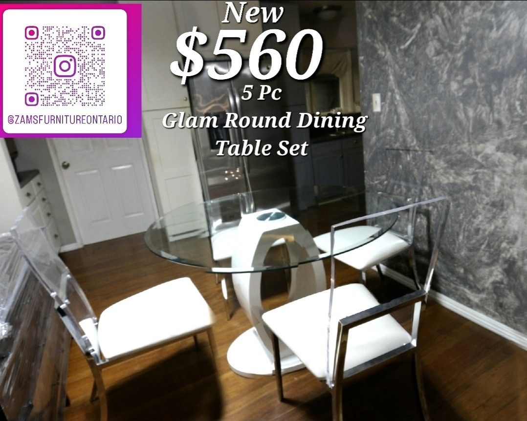 5 Pc White And Clear Dining Set || Glam White Round Dining Table Set With Glass Top And 4 Chairs With Clear Backseat