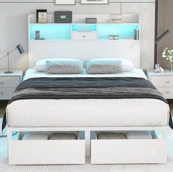 (White)Queen Bed Frame with Tall Headboard and LED Lights,51.2" Bookcase Black Bed Frame Queen Size with Storage Drawers and Charging Station, Platfor