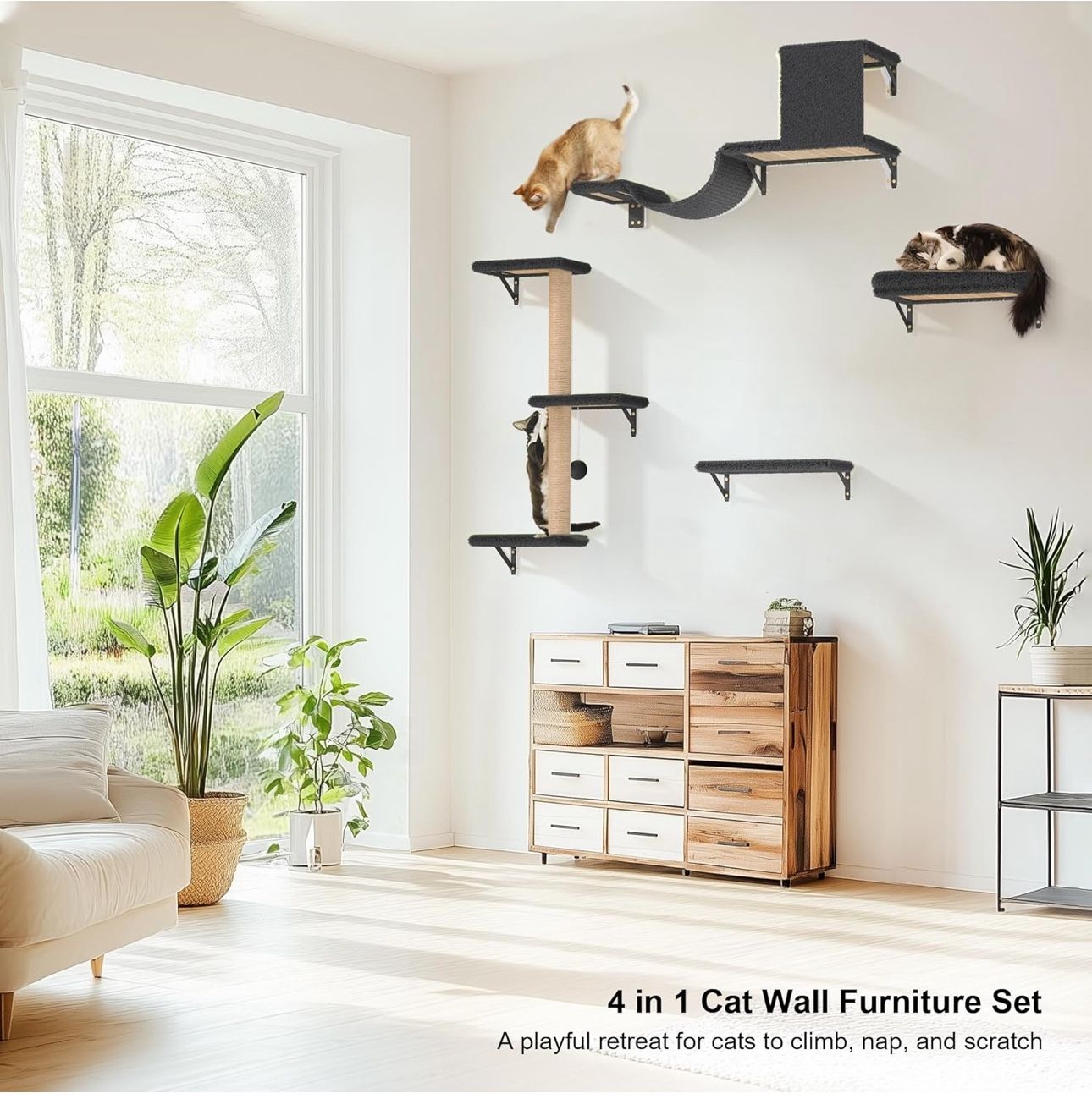 Wood Cat Wall Shelves Climbing Wall with Scratching Post Bridge New Condition in Box