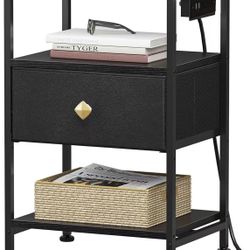 HN005BL-1 Nightstand with Charging Station,Adjustable Leather Fabric Drawer,3-Tier Storage Open Shelf- Black