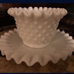 Hobnail Milk Glass Dish and Saucer,  Fenton Milk Glass