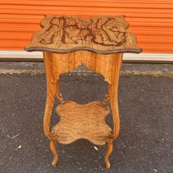 Very Unique Antique Wood Side Table With Fractal Burnt Top 