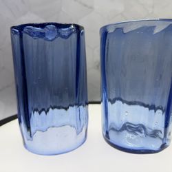 Vintage MCM Cobalt Azure Blue Handblown Glass Highball Barware Set Rough Pontil
