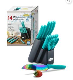 Kitchen Knife Set DISHWASHER SAFE Marco Almond KYA27 14PC Rainbow Kitchen Knife Block Set,Titanium