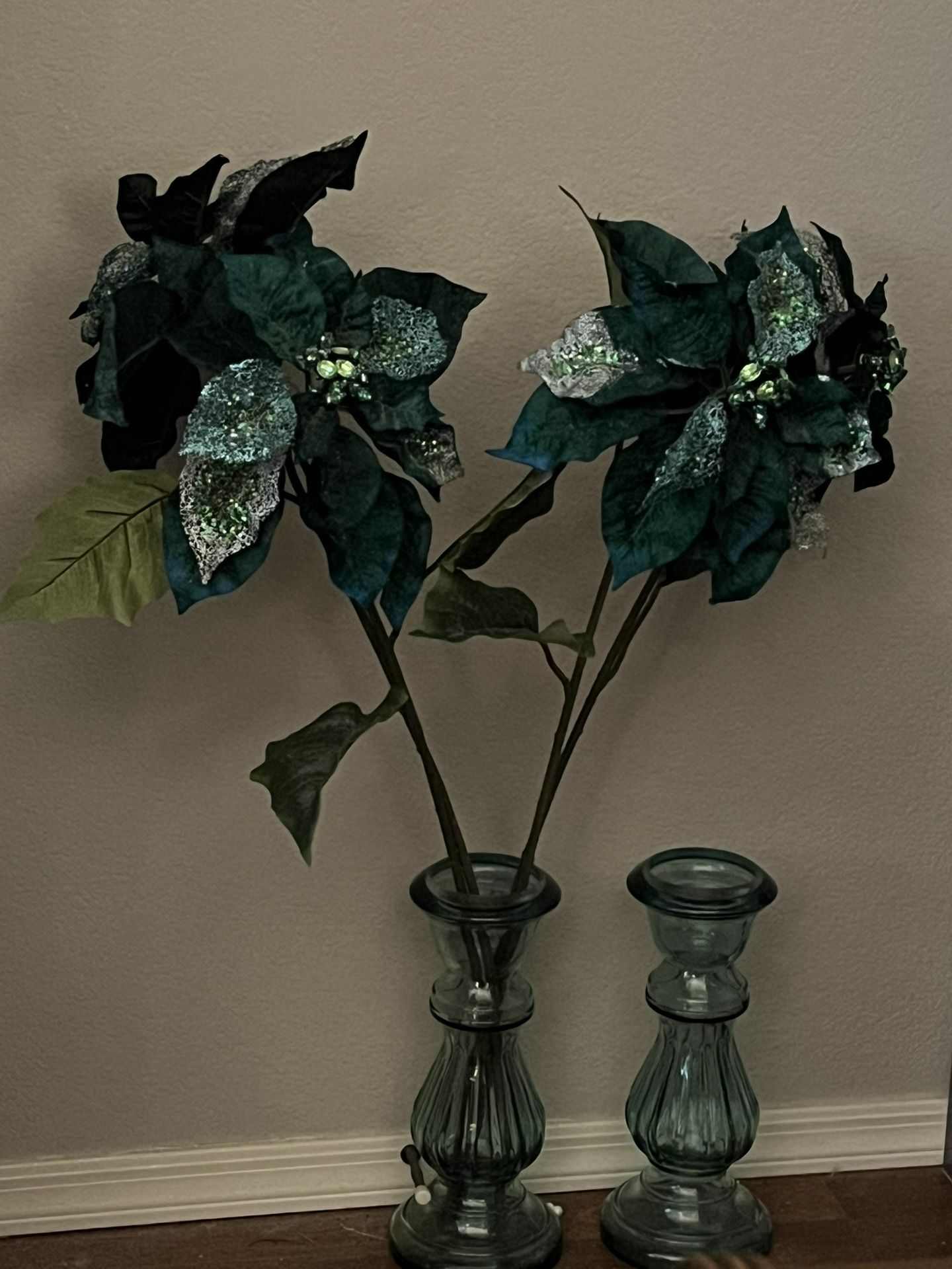 Two Teal Glass vases & Flowers