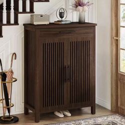 New assembled Shoe Cabinet, 5-Tier Shoe Storage Cabinet with Louvered Doors and Drawer, Freestanding Wooden Shoe Rack Organizer with Adjustable Shelve