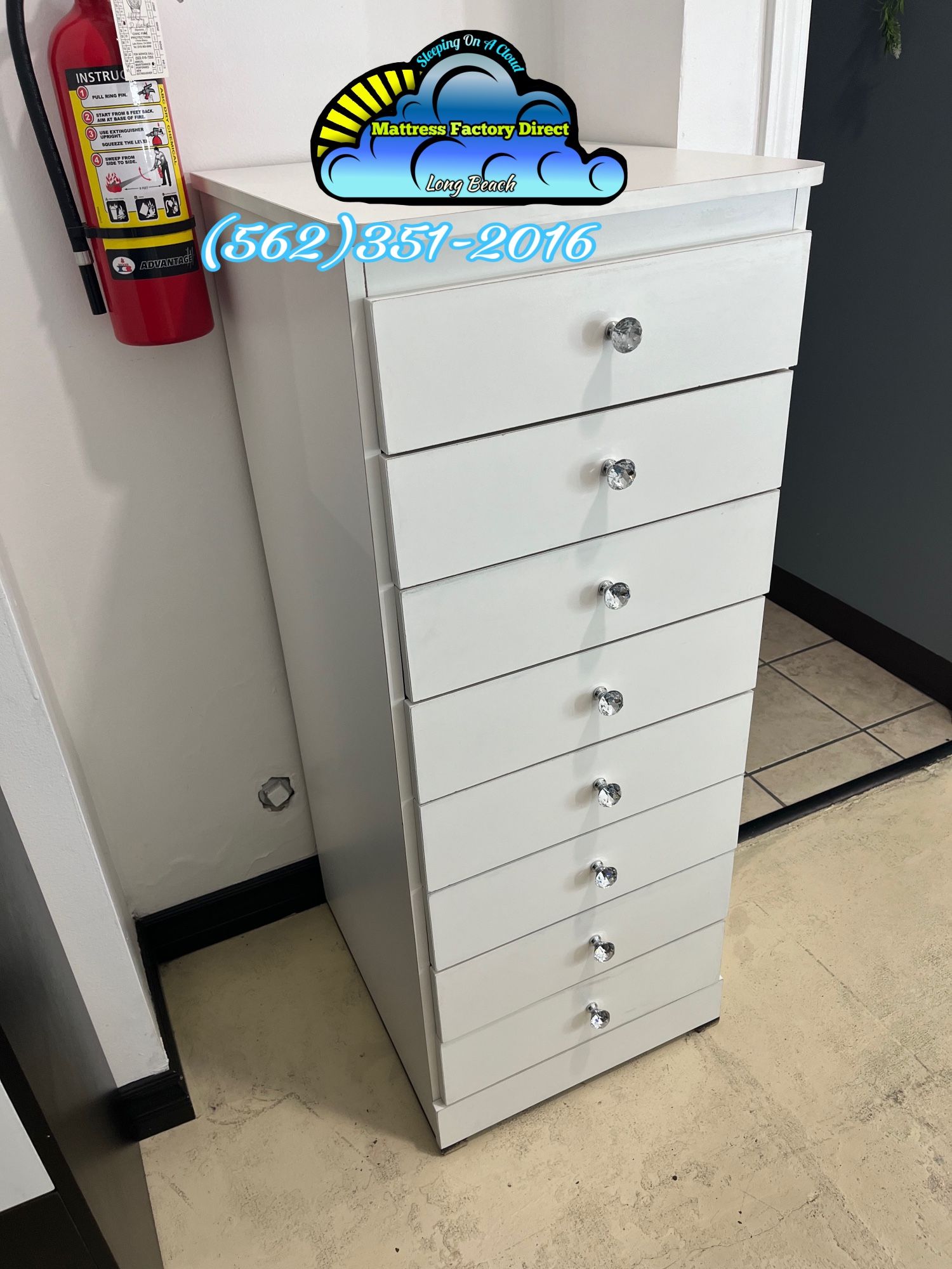 Assembled 8 Drawer White Tall Vanity Dresser w/ Diamond Knobs