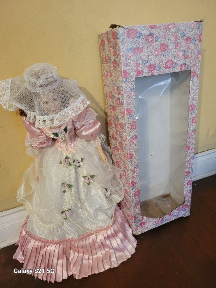 New Vintage 28" Victorian Porcelain Doll/w Pink Dress
