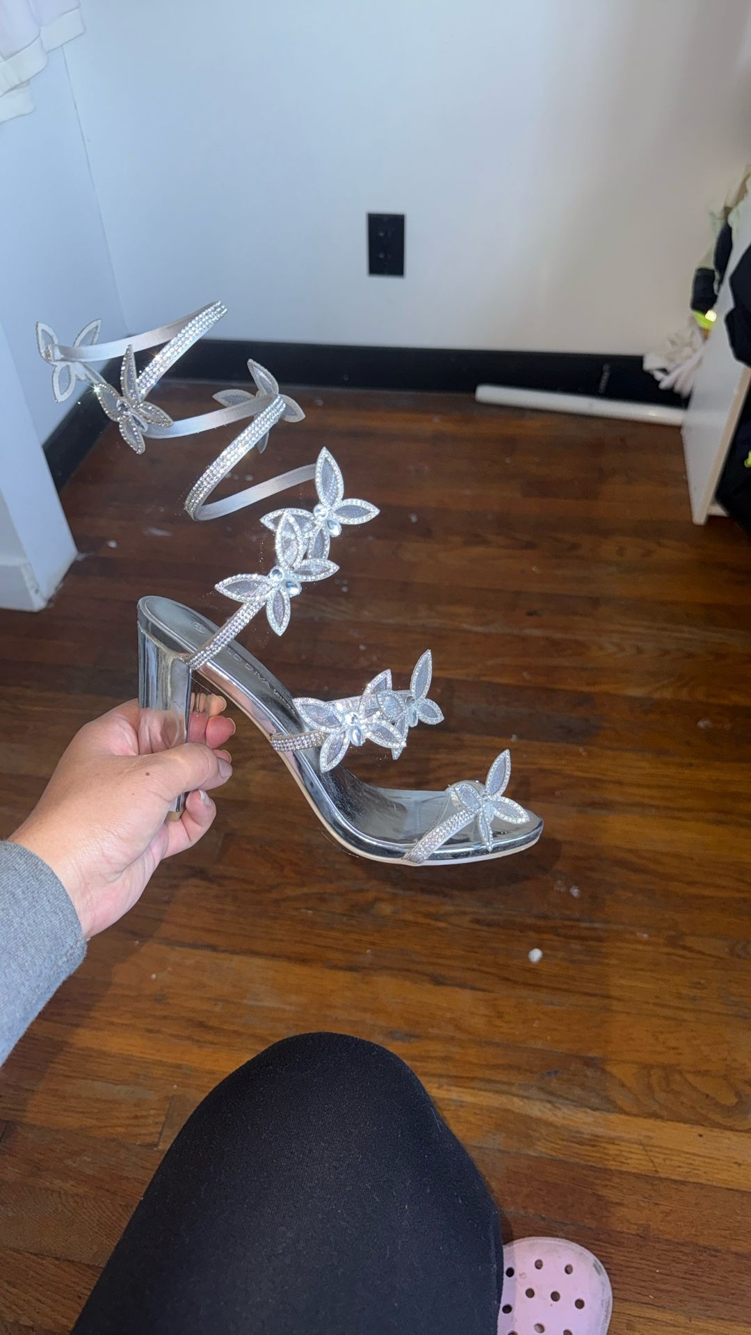 Butterfly Rhinestone Wrap Around Block Heels