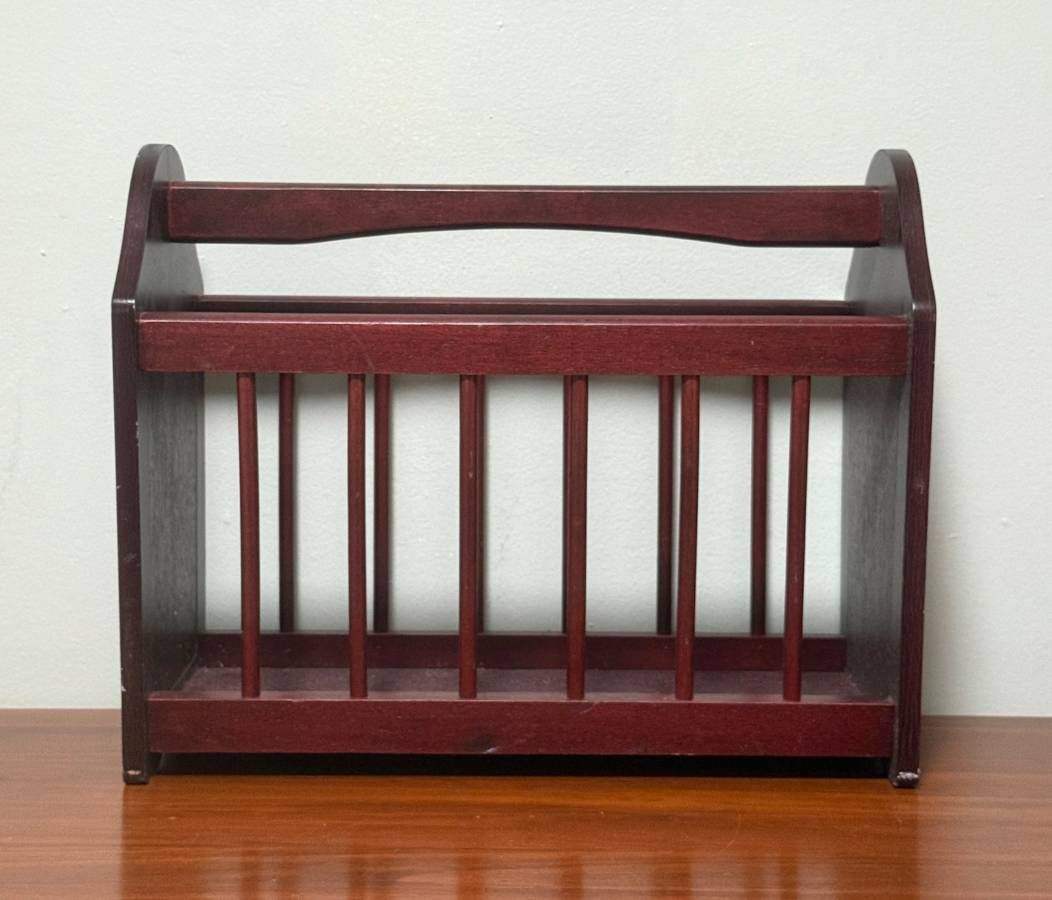 Vintage Wooden Spindle Woven Panels Magazine Holder Rack