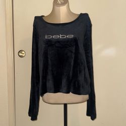 Women’s BEBE velvet long sleeve top with bedazzled rhinestone logo  Size xl