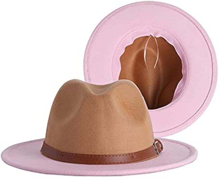 Men Women Two Tone Classic Wide Brim Fedora Hat with Brown Pink Buckle One Size