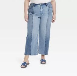 Size 20 Women's High-Rise Cropped Straight Two Tone Jeans - Ava & Viv Blue Denim 