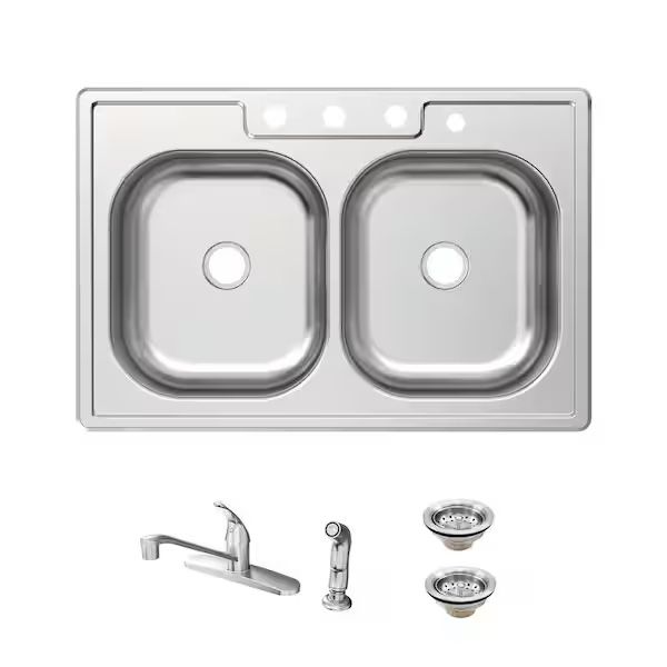 Glacier Bay 33 in. Drop-In 50/50 Double Bowl 20 Gauge Stainless Steel Kitchen Sink with Faucet and Sprayer
