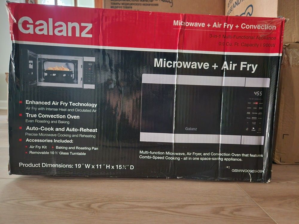 Galanz 0.9 Cu ft Air Fry Countertop Microwave, 900 Watts, Stainless Steel