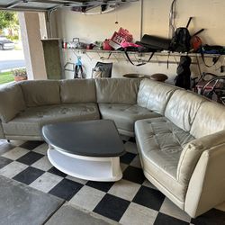 Italian Leather u Shape Sectional With Adjustable Media Table