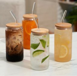 Glass Cups with Lids and Straws, Iced Coffee Cups w/ Bamboo Lids, Kitchen Gifts, Beer Can Cocktail Glasses or Drinking Glasses Set of 4