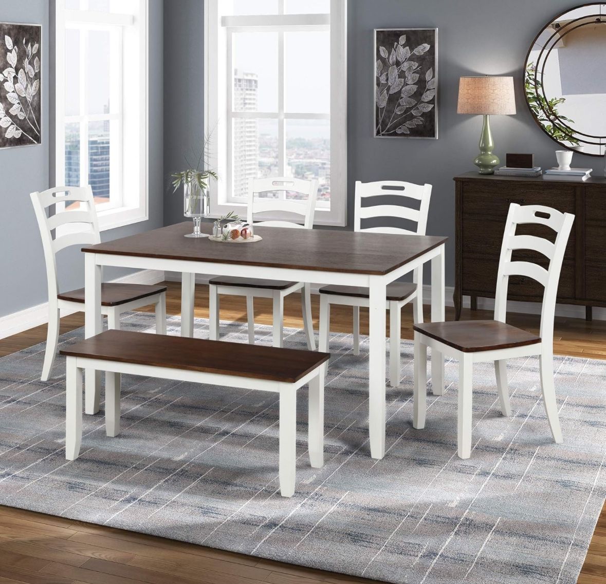 Set Of 6 Wood Dining Dinette Table and 4 Chairs with 1 Bench (Ivory and Cherry) [NEW]