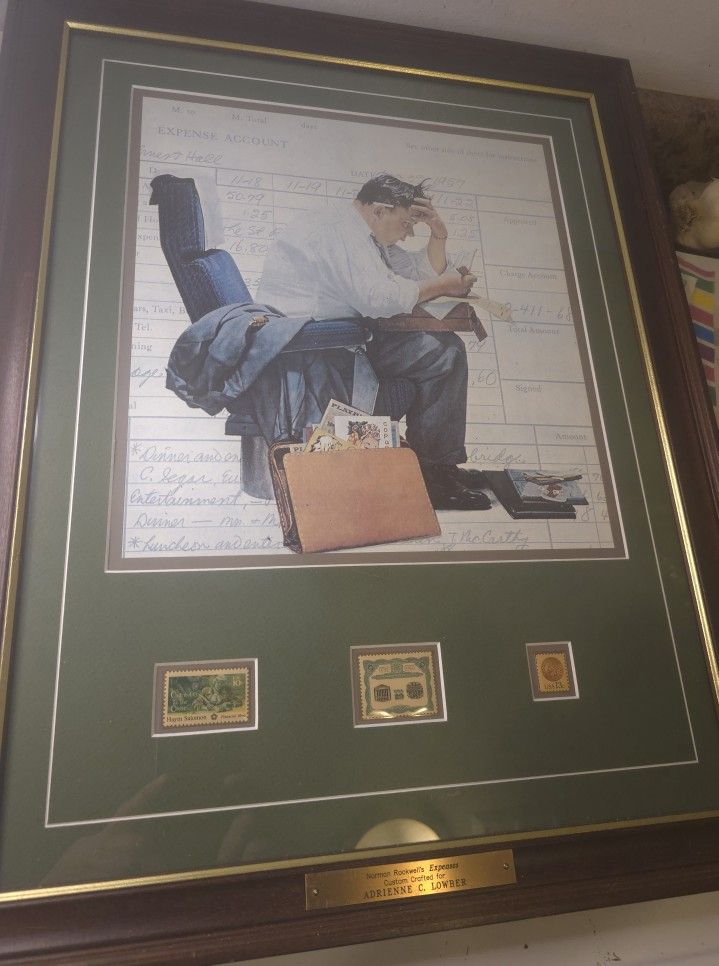 Norman Rockwell "EXPENSES" custom Crafted Print With 3 Stamps 17x22" Framed , For A.Lowber