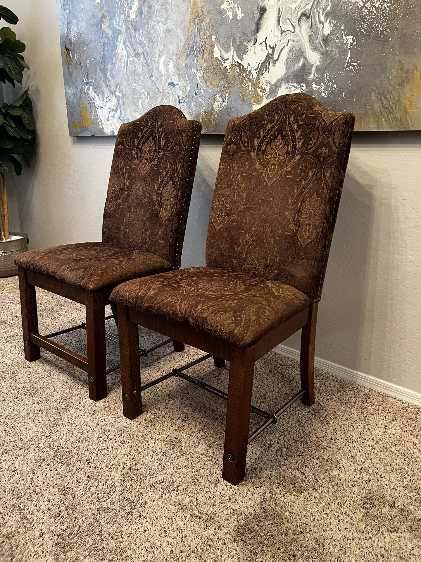 TWO Brown Fabric Dining Chairs With Nailhead Pin Design And Metal Industrial Base
