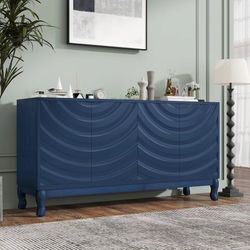 Four Door Sideboard Cabinet with Wavy Pattern Doors and Adjustable Shelves Storage,Blue