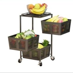 3-Tier Rolling Kitchen Storage Cart Fruit Storage Basket Kitchen Cart with Lockable Wheels Metal Storage Shelf Black
