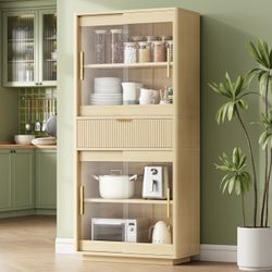 Brand New In The Box- IRONCK Tall Kitchen Pantry Storage Cabinet with Sliding Glass Doors & Drawer, 69" Wooded Bookcase with Adjustable Shelve, Displa