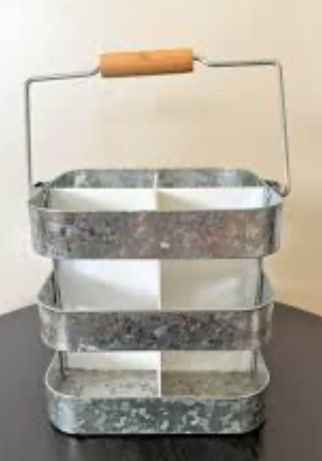 Galvanized Farmhouse Divided Organizer Wine Caddy Wood Handle White Divider NEW