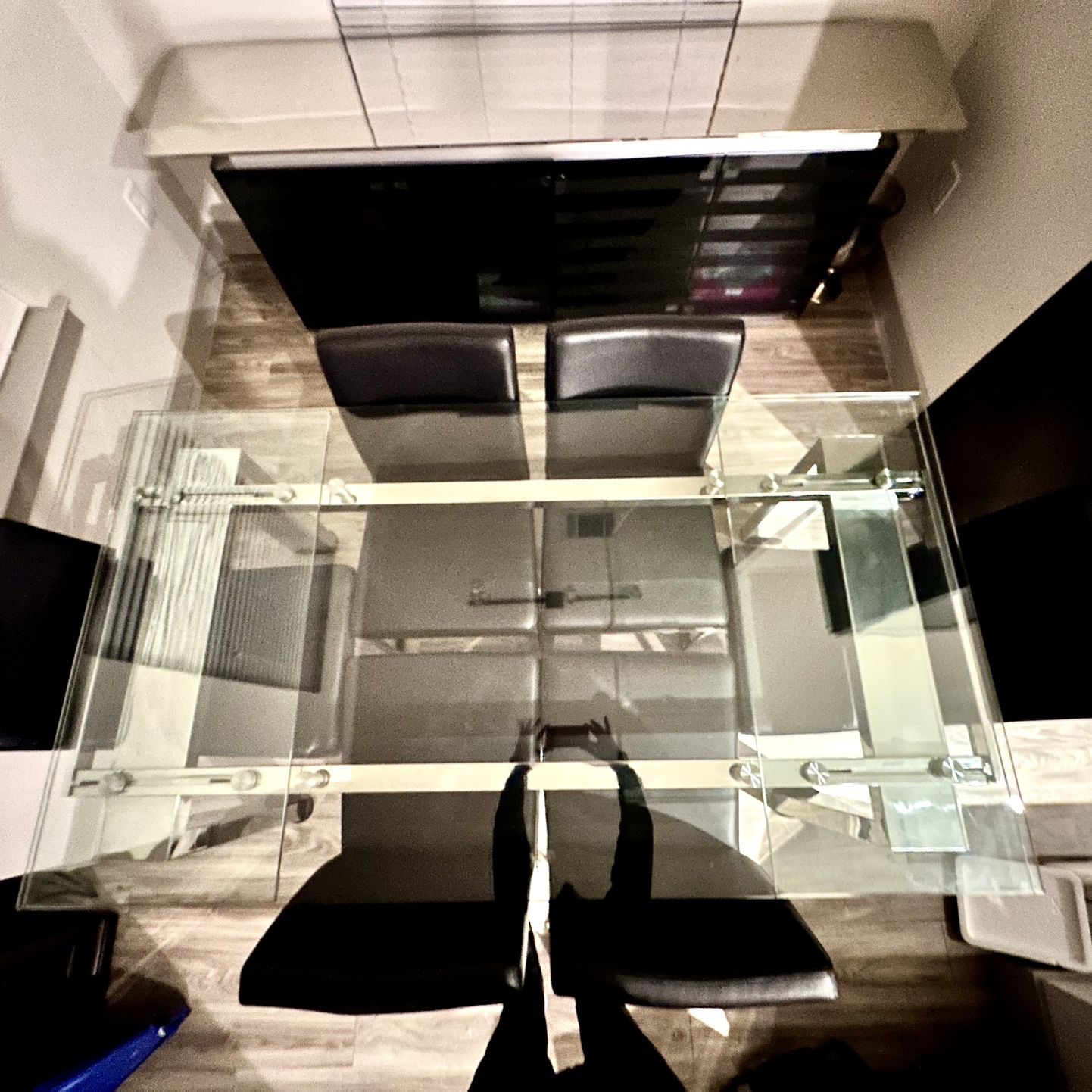 Modern Glass Dining Room Table-with Retractable Ends, Along With Mirror Top Sideboard, Both In Excellent Condition