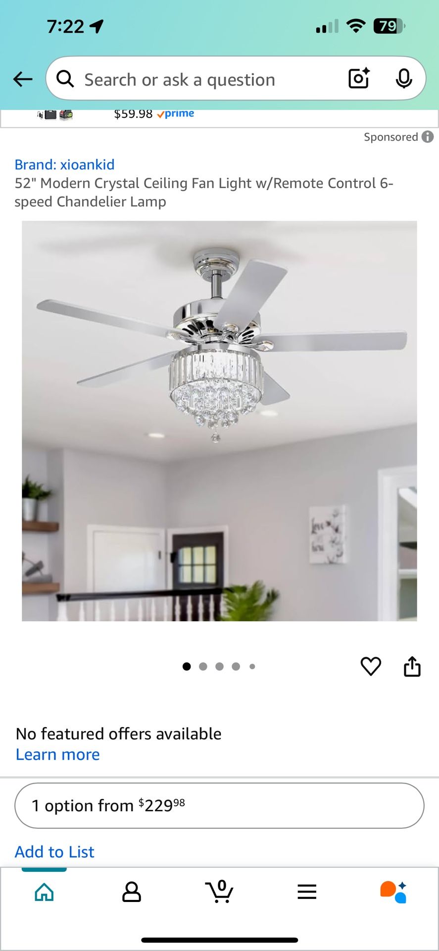 52" Modern Crystal Ceiling Fan Light w/Remote Control 6-speed Chandelier Lamp