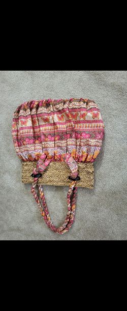 Straw and Fabric Butterfly Print Tote Bag