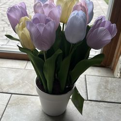Easter Pastel Fake Tulip Flower Pot w Tag