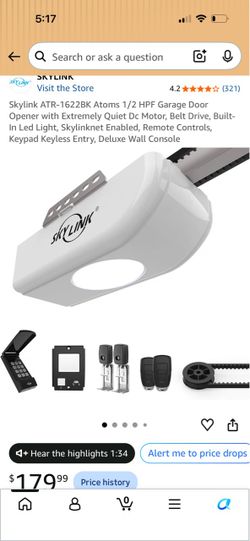 Skylink ATR-1622BK Atoms 1/2 HPF Garage Door Opener with Extremely Quiet Dc Motor, Belt Drive, Built-In Led Light, Skylinknet Enabled, Remote Controls