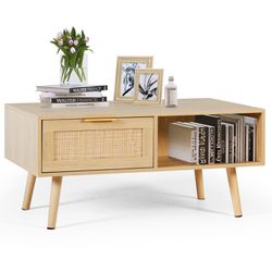 Rattan Coffee Table Mid Century Modern Center Rectangular Tables with 2 Drawers and Open Storage Shelf Wooden Small Media Table for Home Living Room,O