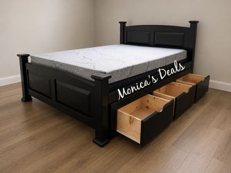 Queen Solid Wood Bed With 3 Drawers And Memory Foam Mattress $780