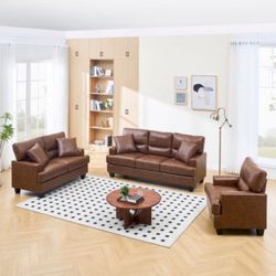 Faux Leather Upholstered 3 Pieces Living Room Set chair,Loveseat and Sofa - Morden Fort